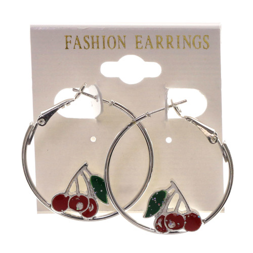 Cherries Hoop-Earrings Silver-Tone & Red 12 Per Package E6A