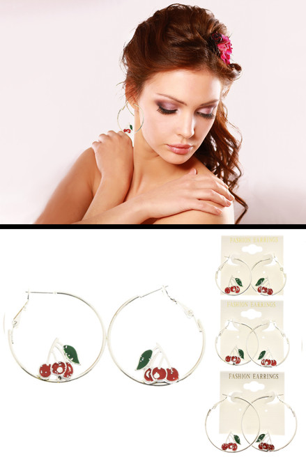 Cherries Hoop-Earrings Silver-Tone & Red 12 Per Package E6A Cherries Hoop-Earrings Silver-Tone & Red 12 Per Package E6A