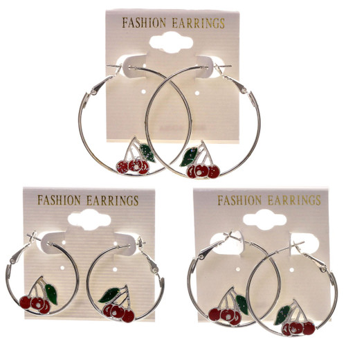 Cherries Hoop-Earrings Silver-Tone & Red 12 Per Package E6A