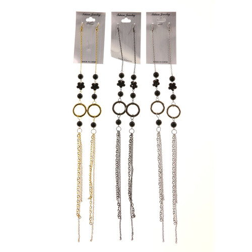 Flower Dangle-Earrings With Tassel Accents Tri-Tone & Black 12 Per Package E7029GR