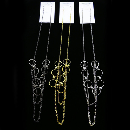 Tri-Tone Metal Necklace-Earrings With Bead Accents 12 Per Package E7036GR