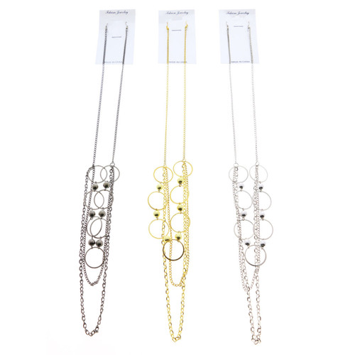 Tri-Tone Metal Necklace-Earrings With Bead Accents 12 Per Package E7036GR
