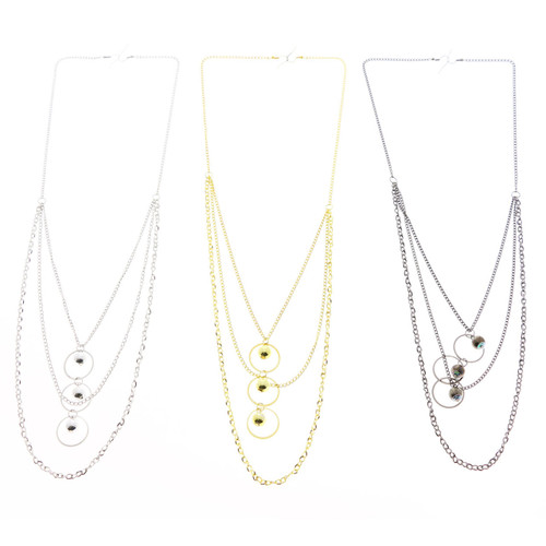 Tri-Tone Metal Necklace-Earrings With Tassel Accents 12 Per Package E7037GR