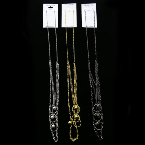 Tri-Tone Metal Necklace-Earrings With Tassel Accents 12 Per Package E7037GR