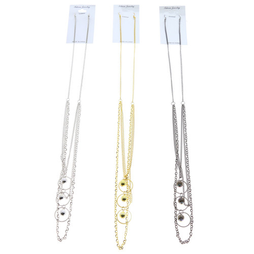 Tri-Tone Metal Necklace-Earrings With Tassel Accents 12 Per Package E7037GR