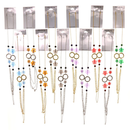 Multi-Color & Dual-Tone Metal Necklace-Earrings With Bead Accents 12 Per Package E7038GR