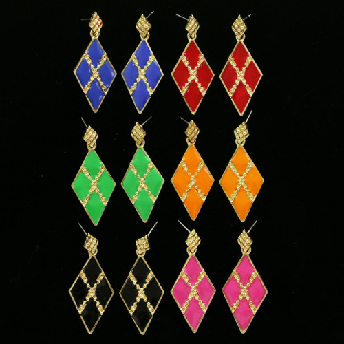 Diamond Shape Dangle-Earrings Multi-Color & Gold-Tone 12 Per Package E76C