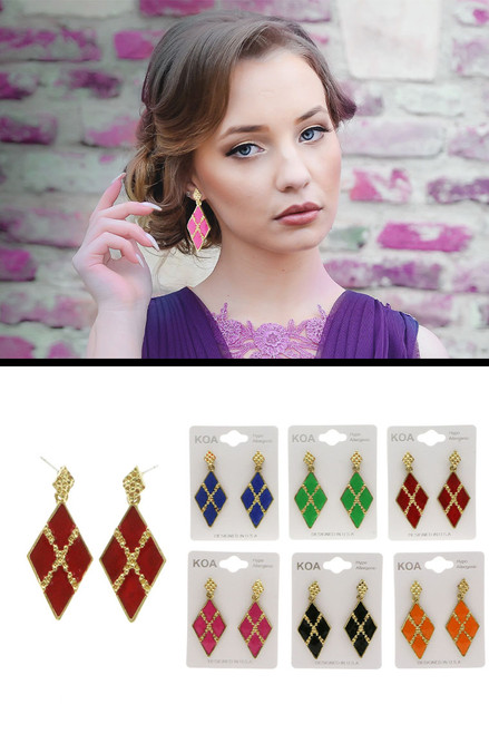 Diamond Shape Dangle-Earrings Multi-Color & Gold-Tone 12 Per Package E76C