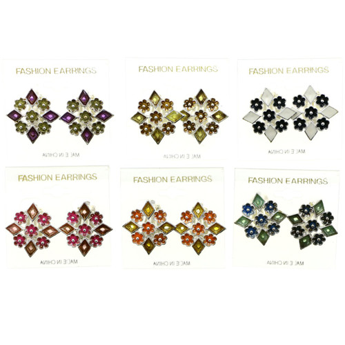 Flower Clip-on-Earrings Assorted-Color & Silver-Tone 12 Per Package C1225C