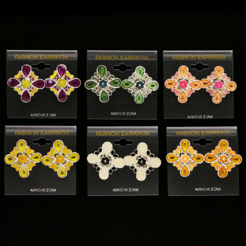 Butterfly Flower Clip-on-Earrings Assorted-Color & Silver-Tone 12 Per Package C1226C