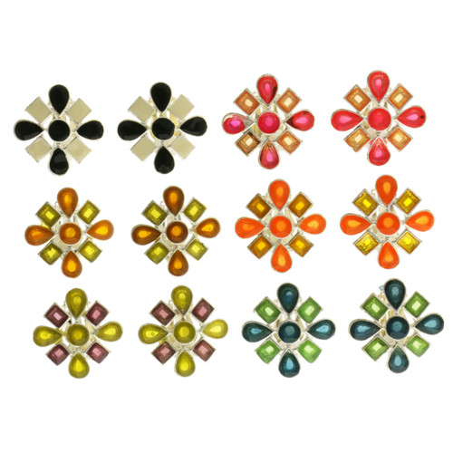 Flower Clip-on-Earrings Assorted-Color & Silver-Tone 12 Per Package C1227C