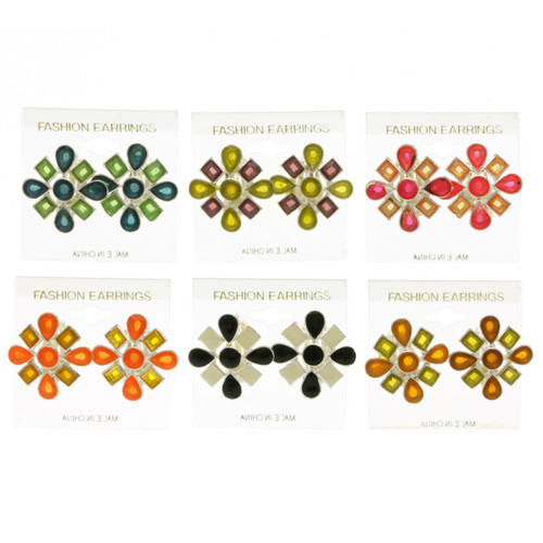 Flower Clip-on-Earrings Assorted-Color & Silver-Tone 12 Per Package C1227C