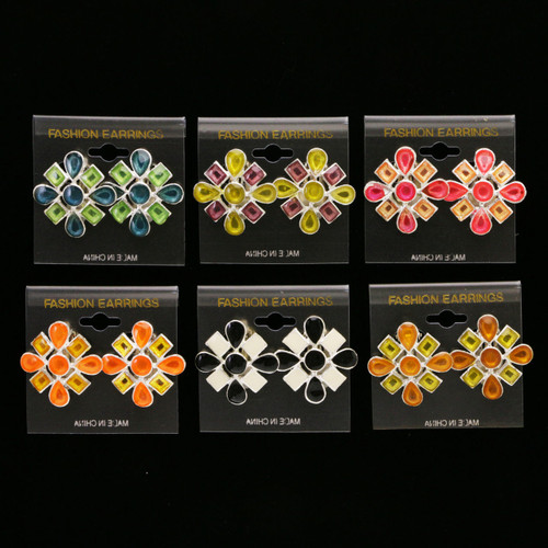 Flower Clip-on-Earrings Assorted-Color & Silver-Tone 12 Per Package C1227C