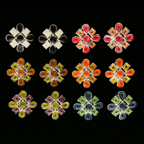 Flower Clip-on-Earrings Assorted-Color & Silver-Tone 12 Per Package C1227C