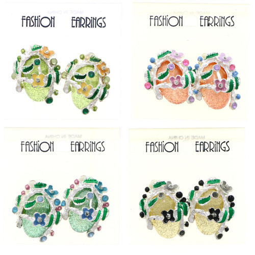 Flower Clip-on-Earrings Assorted-Color & Silver-Tone 12 Per Package C2202C