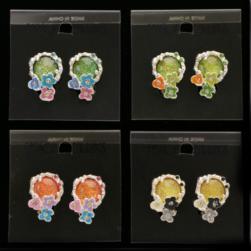 Flower Clip-on-Earrings Assorted-Color & Silver-Tone 12 Per Package C2203C