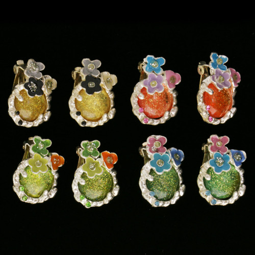Flower Clip-on-Earrings Assorted-Color & Silver-Tone 12 Per Package C2203C