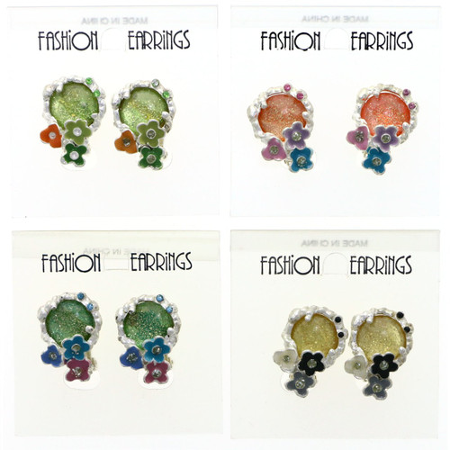 Flower Clip-on-Earrings Assorted-Color & Silver-Tone 12 Per Package C2203C