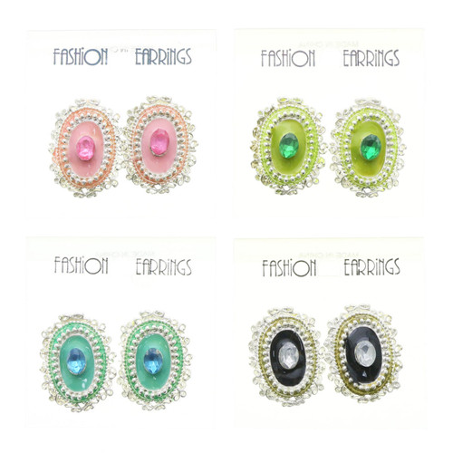 Assorted-Color & Silver-Tone Metal Clip-on-Earrings With Bead Accents 12 Per Package C2205C