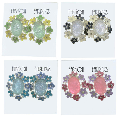 Flower Clip-on-Earrings Assorted-Color & Silver-Tone 12 Per Package C2221C