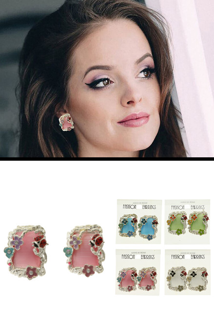 Flower Lady Bug Clip-on-Earrings Assorted-Color & Silver-Tone 12 Per Package C2234C