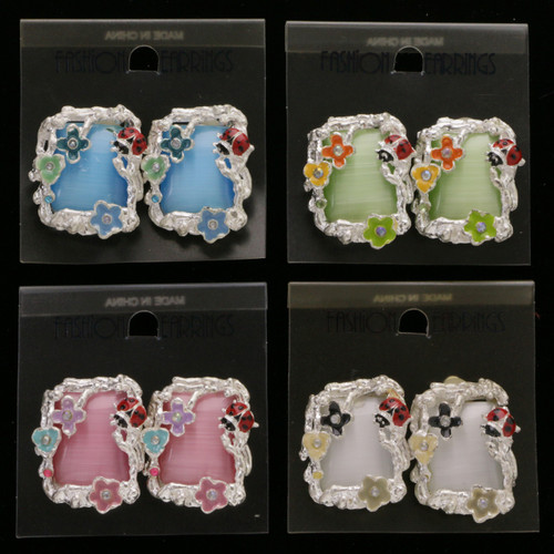 Flower Lady Bug Clip-on-Earrings Assorted-Color & Silver-Tone 12 Per Package C2234C