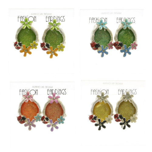 Glitter Flower Ladybug Clip-on-Earrings Assorted-Color & Silver-Tone 12 Per Package C2240C