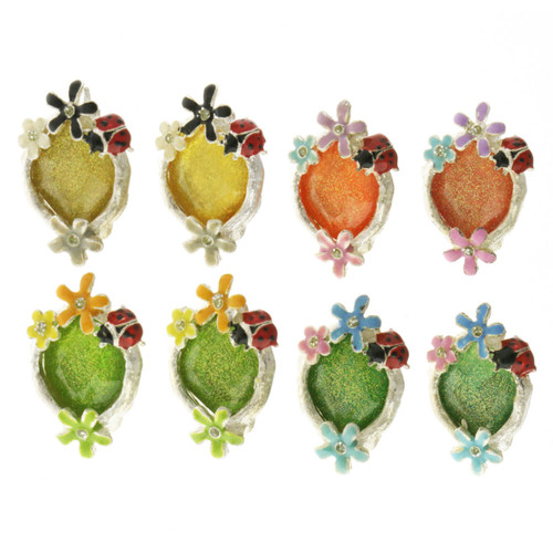 Glitter Flower Ladybug Clip-on-Earrings Assorted-Color & Silver-Tone 12 Per Package C2240C