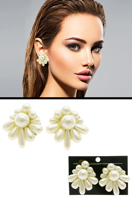 White Acrylic Clip-on-Earrings With Bead Accents 12 Per Package C68