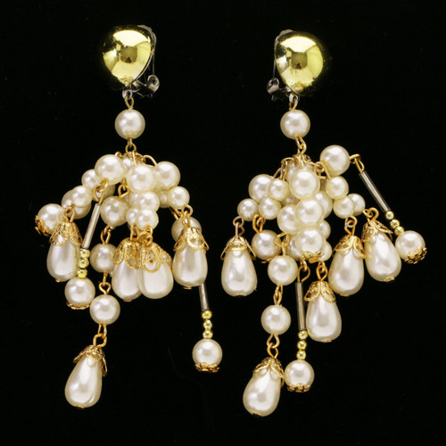 White & Gold-Tone Metal Clip-on-Earrings With Bead Accents 12 Per Package C7046