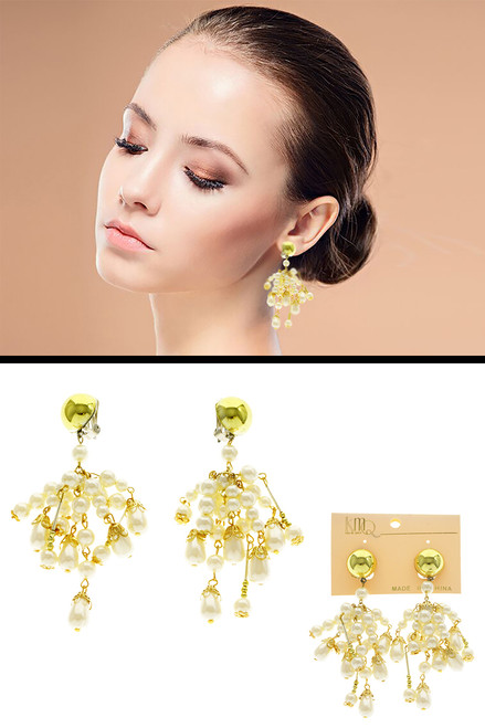 White & Gold-Tone Metal Clip-on-Earrings With Bead Accents 12 Per Package C7046