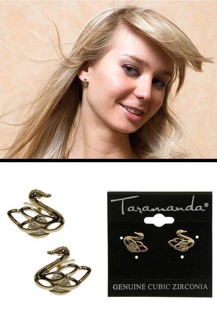 Gold tone cubic zirconia stud earrings with a filigree designed swan topping the stone CZ01