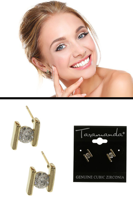 Gold tone cubic zirconia stud earrings with stone between two metal rectangles CZ02