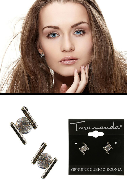 Silver tone cubic zirconia stud earrings with stone between two metal rectangles CZ02A