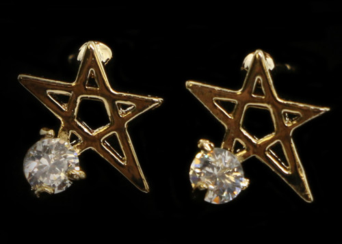 Gold tone cubic zirconia stud earrings with metal star design and stone faceted to the bottom, left point of the star CZ03