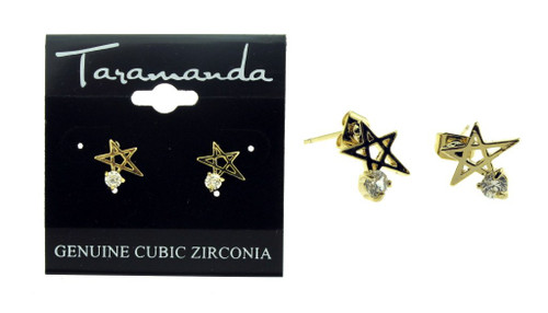 Gold tone cubic zirconia stud earrings with metal star design and stone faceted to the bottom, left point of the star CZ03
