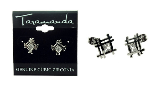 Silver tone cubic zirconia stud earrings with metal tic tac toe shaped design and the stone in the center CZ04A