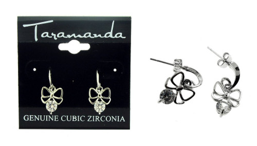 Silver tone cubic zirconia dangle earrings with a metal bow hanging from a crescent shaped hook and the stone faceted to the bottom of the bow CZ05A