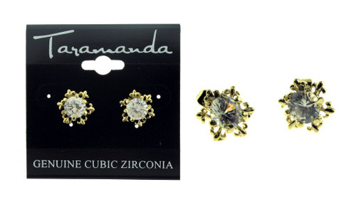 Gold tone cubic zirconia stud earrings with the stone topping a metal snowflake design CZ07