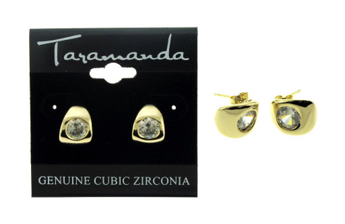 Gold tone cubic zirconia stud earrings with a small cuff design with the stone in the center of the cuff CZ08