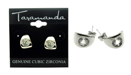 Silver tone cubic zirconia stud earrings with a small cuff design with the stone in the center of the cuff CZ08A