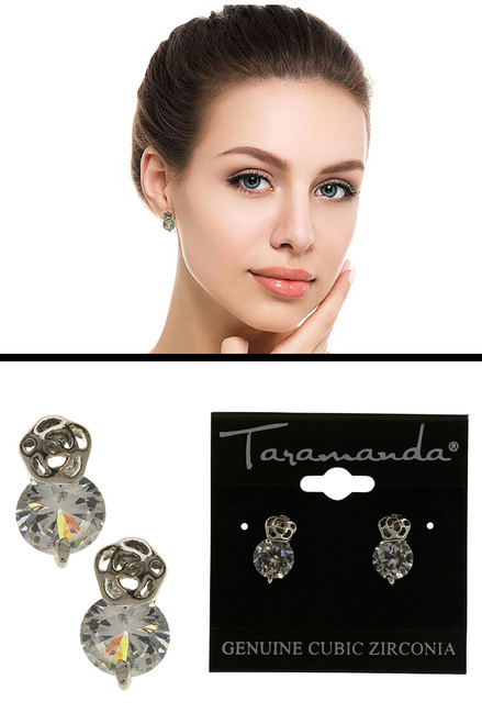 Silver tone cubic zirconia stud earrings with a filigree rose shaped design above the stone CZ09A