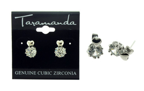 Silver tone cubic zirconia stud earrings with metal heart on the post and large stone beneath the heart CZ10A