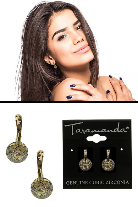 Gold tone cubic zirconia dangle earrings with cuff shaped post and small bow at the end of the cuff topping the stone CZ11