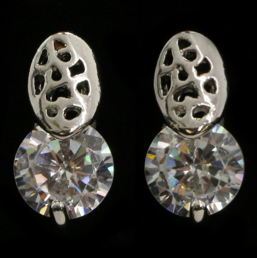 Silver tone cubic zirconia stud earrings with a circle shaped stone beneath an oval shaped metal design CZ14A