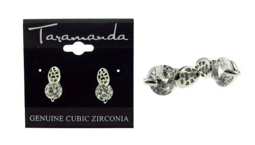 Silver tone cubic zirconia stud earrings with a circle shaped stone beneath an oval shaped metal design CZ14A