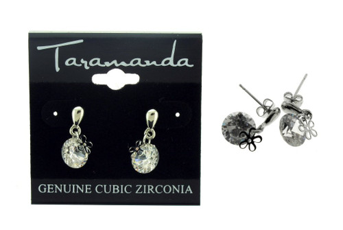 Silver tone cubic zirconia dangle earrings with one large stone and a small delicate flower charm CZ19A