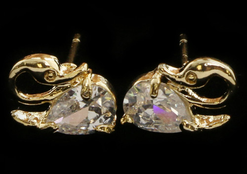 Gold tone cubic zirconia stud earrings with the stone as the body of a swan CZ20