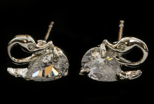 Silver tone cubic zirconia stud earrings with the stone as the body of a swan CZ20A