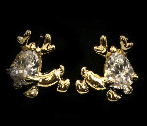 Gold tone cubic zirconia stud earrings with the stone as the head of a reindeer CZ22